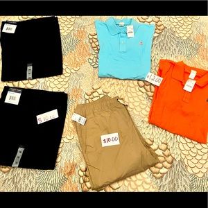 Navy blue uniform pants size 16. Polos 2 for 12 brand new with tags.